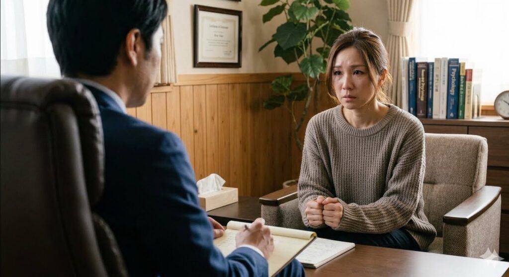 カウンセリング室でカウンセラーに相談している妻