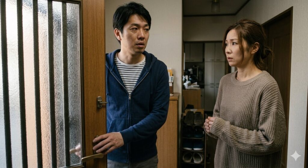 勝手に家に入ってくる別居中の夫を見て、玄関内で立ちすくんでいる妻