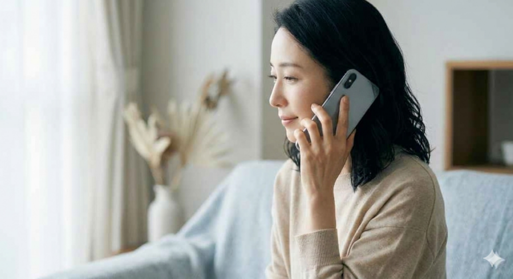 電話カウンセリングする妻