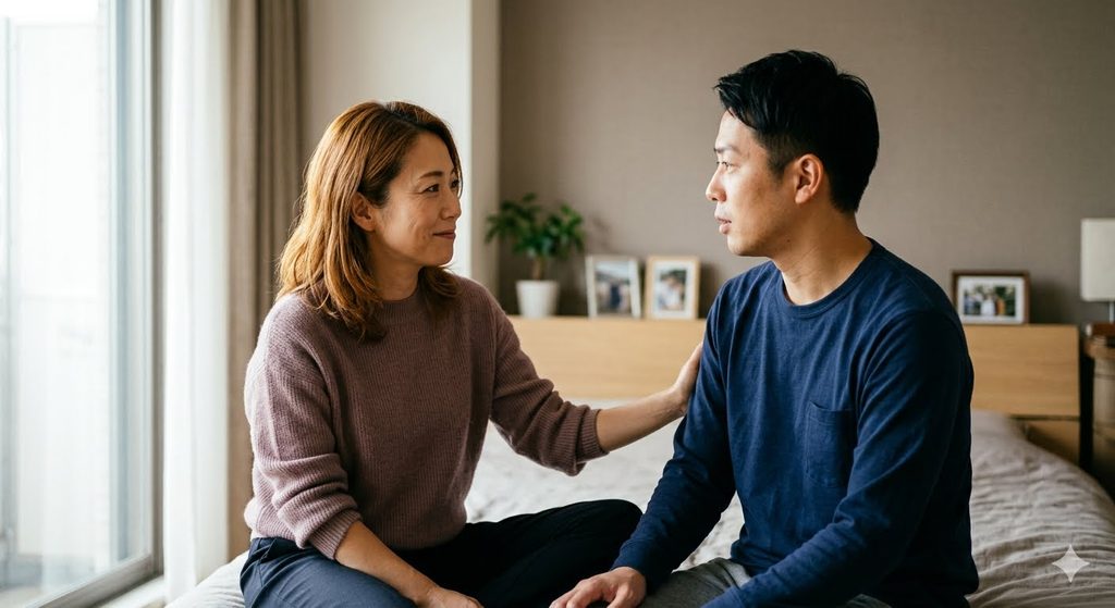 ベッドの上で仲良く会話している妻と不倫夫