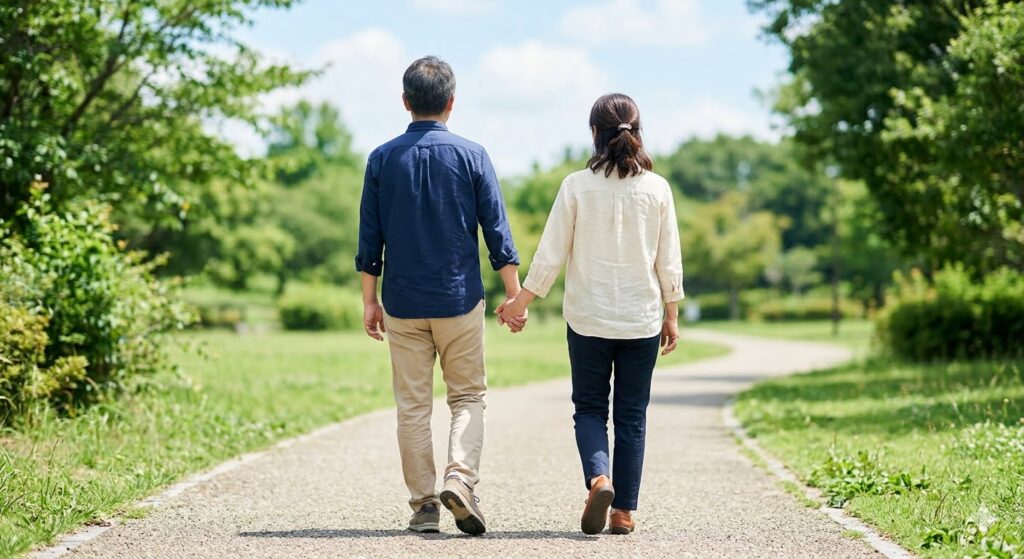 手を繋ぎながら歩く不倫した夫とされた妻