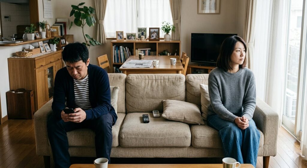 不倫発覚後、会話もなく冷え切った状態の夫と妻。リビングのソファーで離れて座っている。