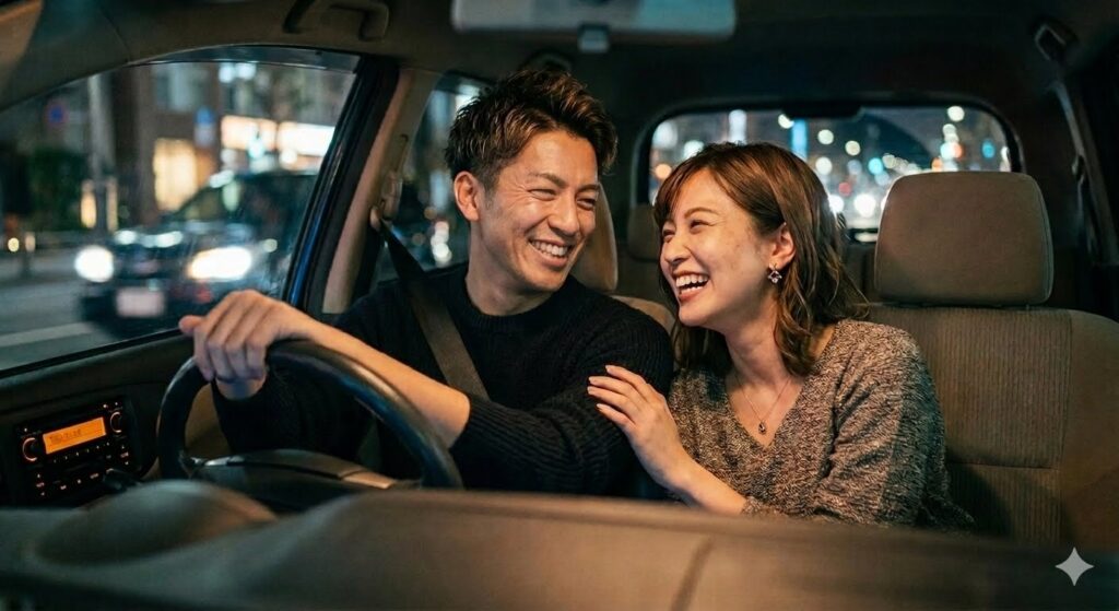 浮気を繰り返す夫。職場の不倫相手と夜のドライブデートを楽しんでいる。