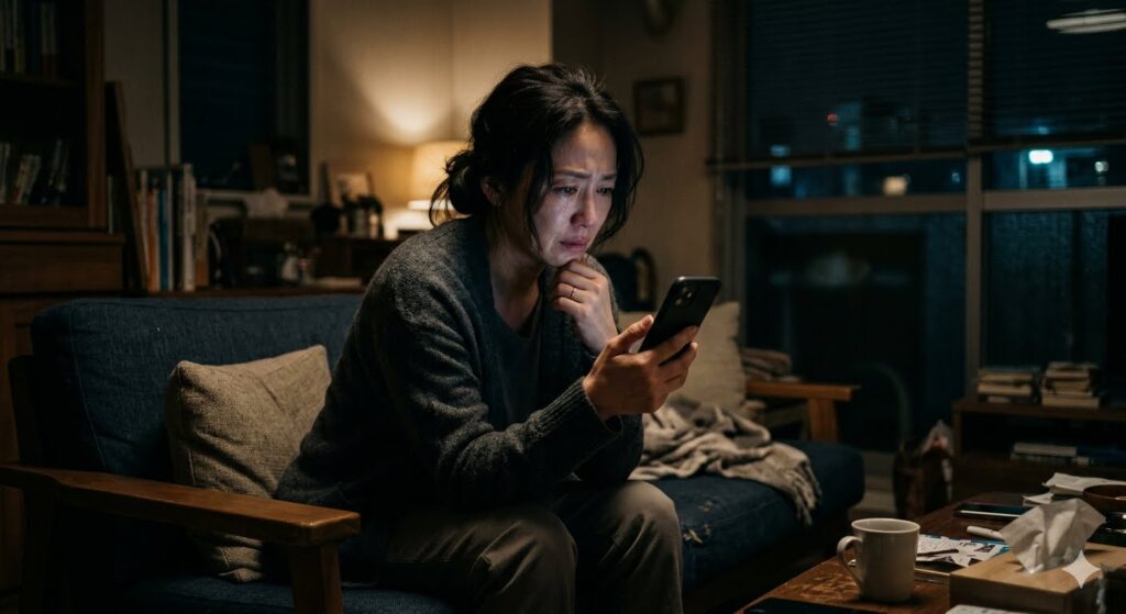 不倫の再発を疑い、夜のリビングでこっそり夫のスマホを不安そうに見ている妻