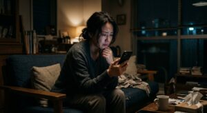不倫の再発を疑い、夜のリビングでこっそり夫のスマホを不安そうに見ている妻