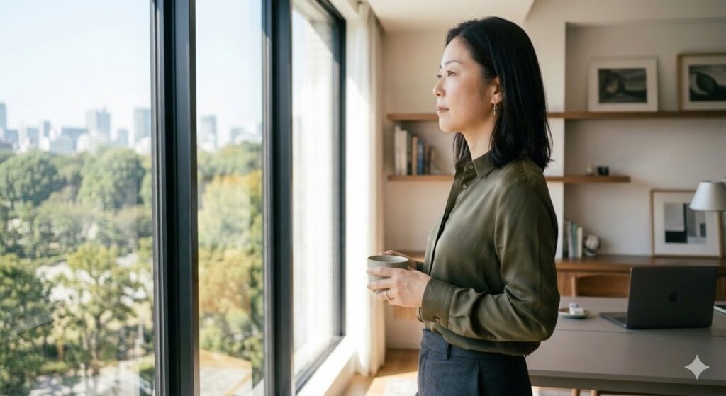 部屋の窓辺に立ち、前向きな表情で外を見ているサレ妻
