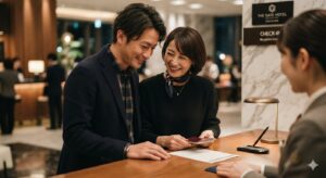 シティホテルにチェックインする夫と不倫相手