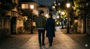 夜道を歩く夫と不倫相手