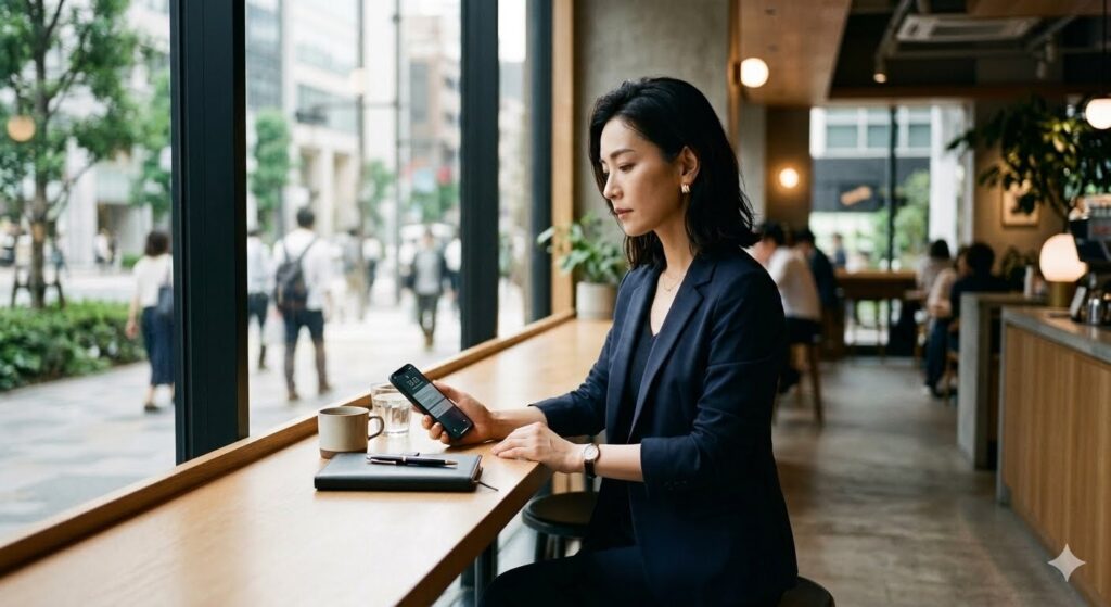 カフェの窓辺のカウンター席に一人で座り、ラインしている不倫相手の女