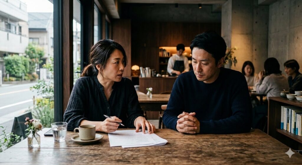 カフェでこれからの夫婦のことを話し合う夫と妻。妻が主導権をもって話し、夫は黙って聞いている。