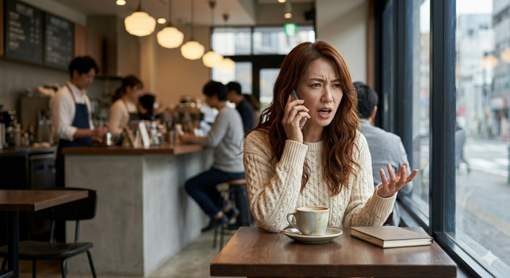 カフェの窓辺の席に座り、夫に電話している不倫相手