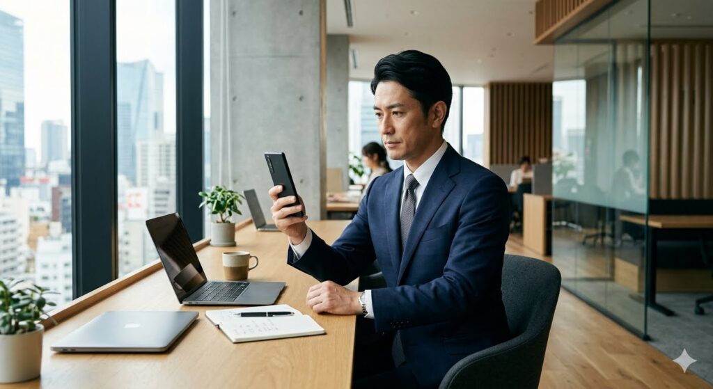 会社でスマホを見て不倫相手とラインしている夫。
