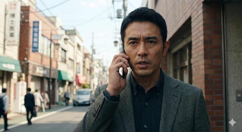 仕事で外回り中、真剣な表情で妻に電話している夫。