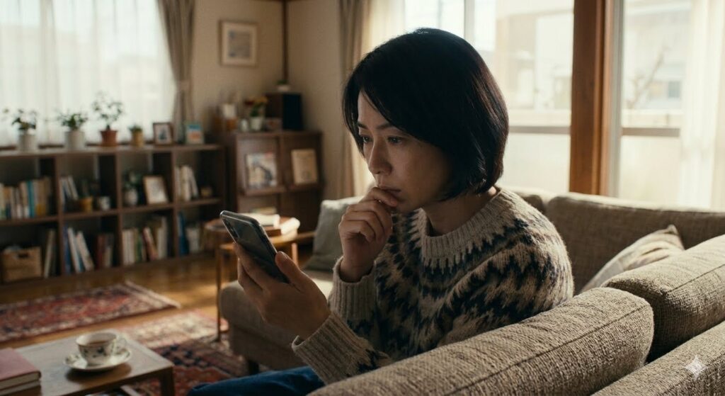 リビングのソファーに座り、スマホを手にして、夫からのラインを真剣な表情で読んでいる妻