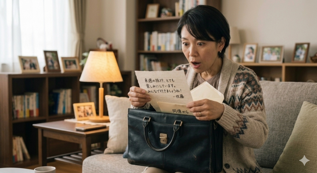 不倫夫のカバンから女からの手紙を見つけ読んでいる妻