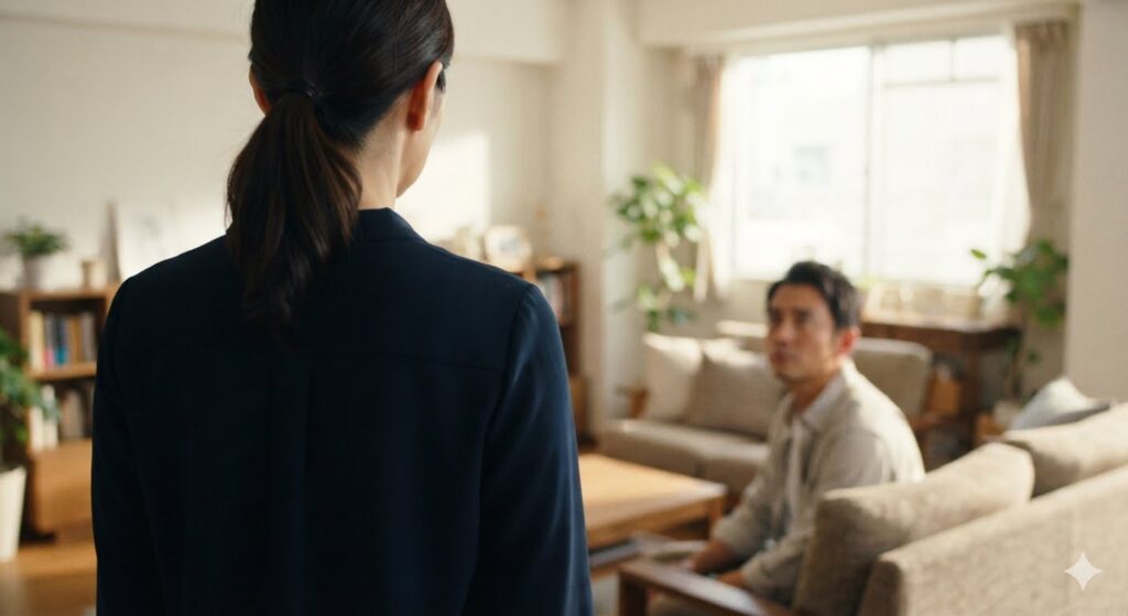 リビングのソファーに座っている不倫夫に立って話を切り出す妻