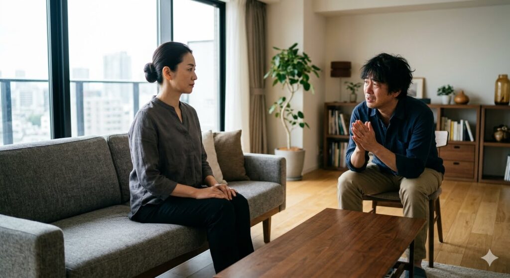 リビングで真剣な表情の妻に謝っている不倫夫