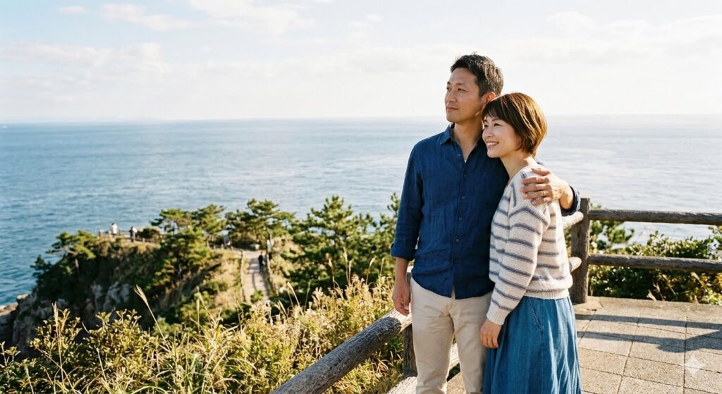 海辺の公園から海を見ている夫と妻。夫は妻の肩を抱いている。