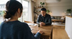 部屋の中で妻に問い詰められ、黙っている不倫夫