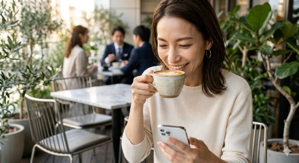 カフェで、のうのうとした笑顔でスマートフォンを見ながらラテを飲んでいる夫の不倫相手の女。