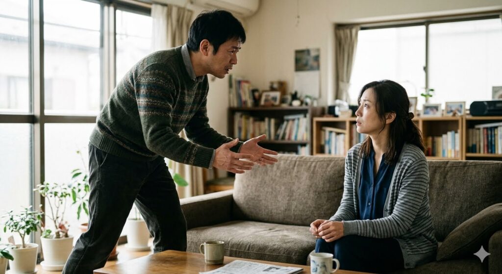 リビングのソファーに座る妻に、立って狂言を吐いている不倫夫