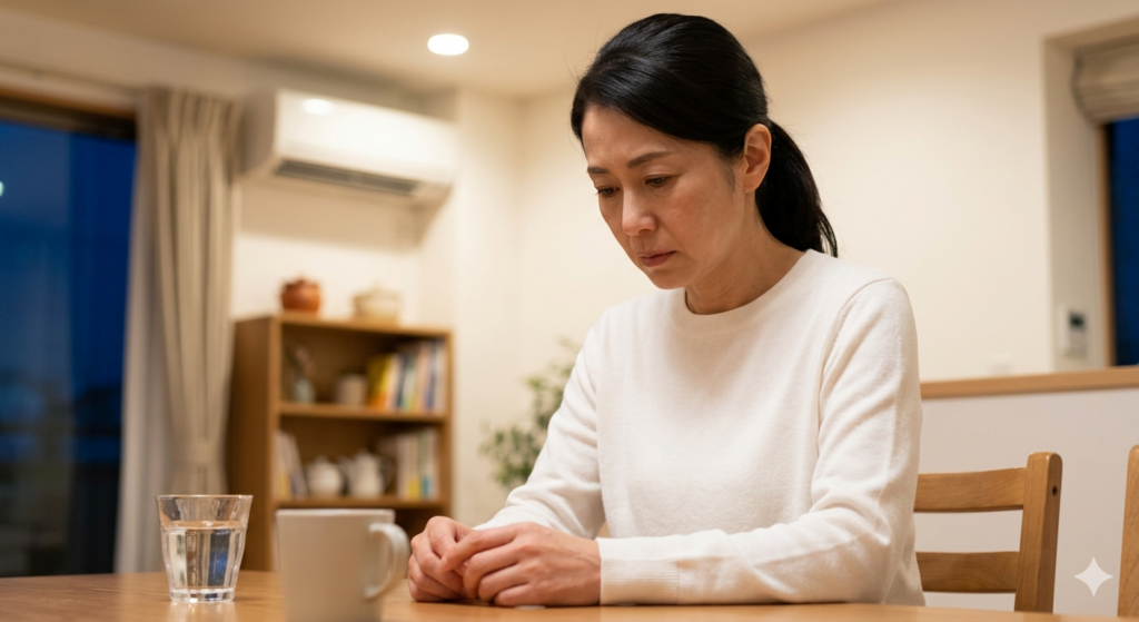 部屋で一人で悩んでいるサレ妻