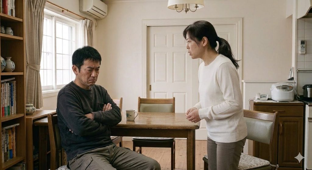 浮気を知って黙り込んでいる夫に問い詰めている妻