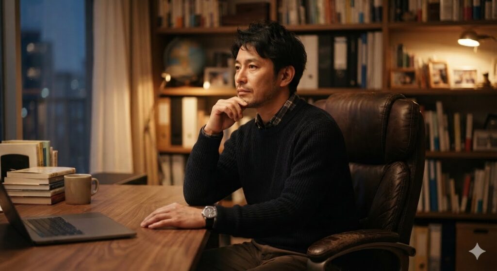 家の書斎で一人物思いにふけっている不倫夫