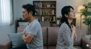 リビングで背中を向け合い、会話もない冷たい空気の不倫夫と妻
