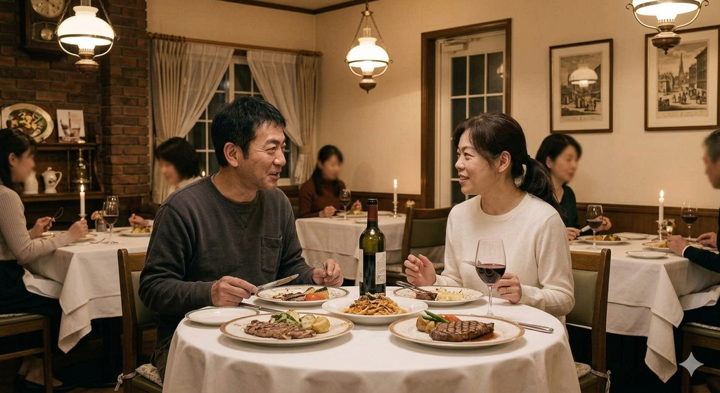 レストランで夕食を二人で食べている不倫夫とサレ妻
