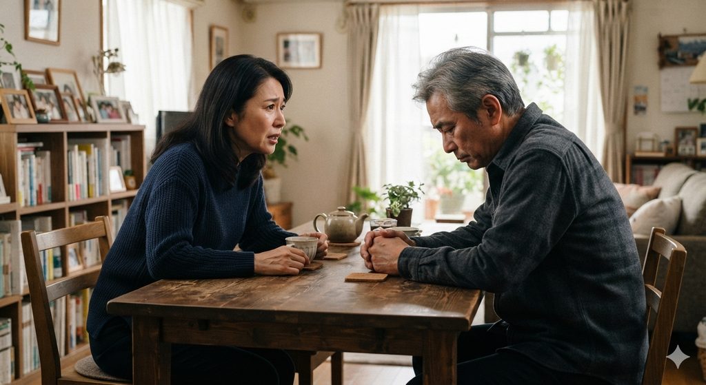 リビングで夫の風俗通いについて話し合いをしている夫婦。必死に訴えている妻にうつむいて聞いている夫。