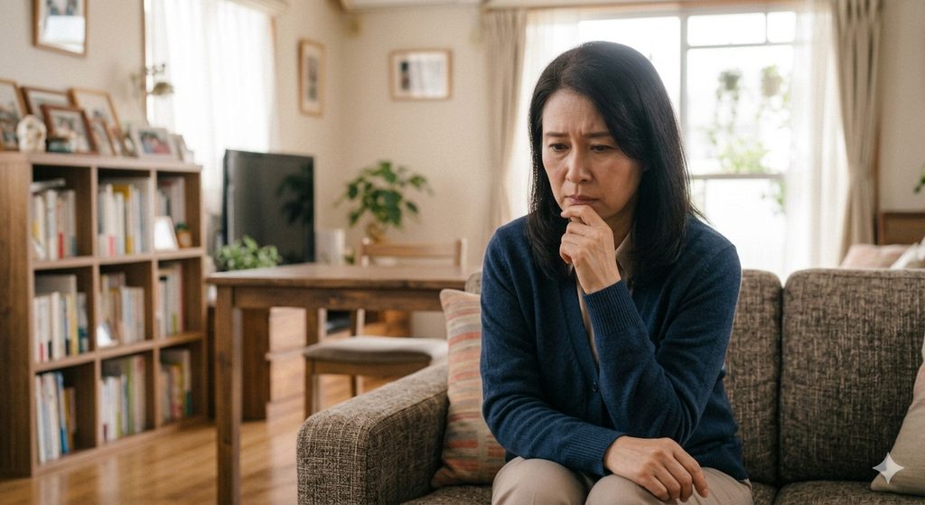 部屋で一人で考え事をしているサレ妻